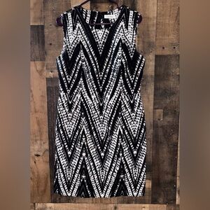 Women’s Sz 10 Calvin Klein Black Purple White Chevron Midi Sheath Dress